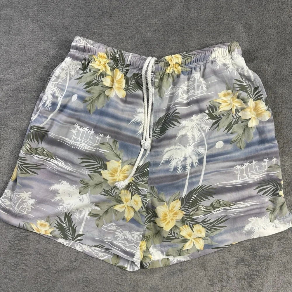 Tommy Bahama Swim Trunks Mens L Grey Floral Tropical Hibiscus Nylon Board Shorts